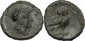 Greek Italy. Northern Apulia, Teate. AE Uncia, c. 225-200 BC. D/ Head of Athena right, wearing crested Corinthian helmet. R/ Owl right; below, pellet....