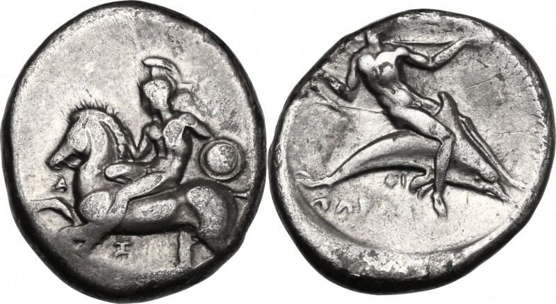 Greek Italy. Southern Apulia, Tarentum. AR Nomos, circa 380-345 BC. D/ Nude warr...
