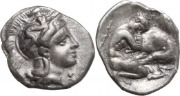 Greek Italy. Southern Apulia, Tarentum. AR Diobol, 325-280 BC. D/ Head of Athena right, wearing helmet decorated with Scylla. R/ Herakles kneeling rig...