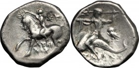 Greek Italy. Southern Apulia, Tarentum. AR Nomos, c. 275-235 BC. Sy... and Lykinos, magistrates. D/ Nude youth on horseback left, crowning horse; abov...