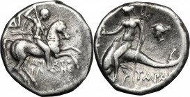 Greek Italy. Southern Apulia, Tarentum. AR Drachm, 272-240 BC. D/ Nude youth on horseback right, spearing downward; ΔI in left field, AΡIΣTO/KΡATHΣ in...