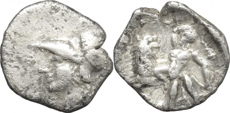 Greek Italy. Southern Apulia, Tarentum. AR Diobol, 300-230 BC. D/ Head of Athena...
