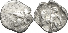 Greek Italy. Southern Apulia, Tarentum. AR Diobol, 300-230 BC. D/ Head of Athena left, helmeted. R/ Herakles, holding club overhead, kneeling left on ...