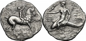 Greek Italy. Southern Apulia, Tarentum. AR Reduced Nomos or Half Shekel, Hannibalic Occupation 212-209 BC. D/ Horseman right, holding palm and crownin...