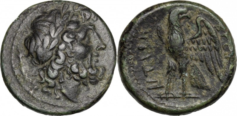 Greek Italy. Bruttium, The Brettii. AE Unit, 211-208 BC. D/ Head of Zeus right, ...