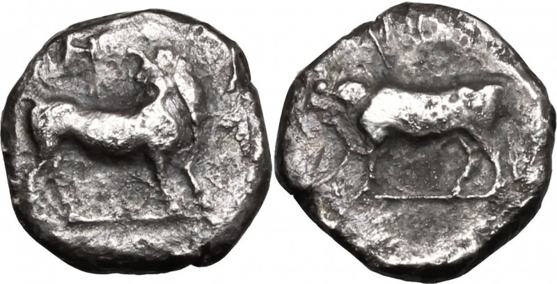Greek Italy. Bruttium, Laus. AR Triobol, circa 480-460 BC. D/ Man-headed bull st...