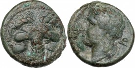 Greek Italy. Bruttium, Rhegion. AE 20. 5 mm, c. 351-280 BC. D/ Lion’s mask facing. R/ Head of Apollo left, laureate; behind, symbol. HN Italy 2534b. A...