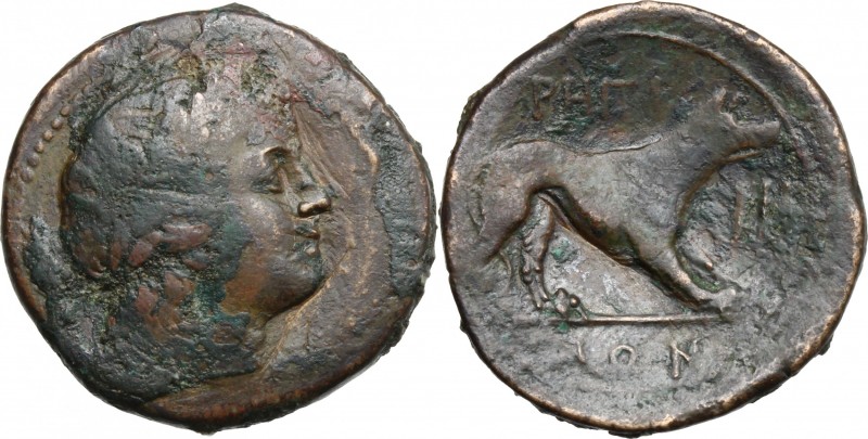 Greek Italy. Bruttium, Rhegion. AE Tetrans, 215-150 BC. D/ Head of Apollo right,...