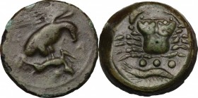 Sicily. Akragas. AE Tetras, 425-406 BC. D/ Eagle on hare right. R/ Crab; below, three pellets and crayfish. CNS I, 50. AE. g. 10.10 mm. 21.00 Glossy o...