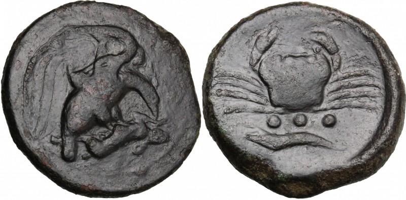 Sicily. Akragas. AE Tetras, end of 5th century-406 BC. D/ Eagle on hare right. R...