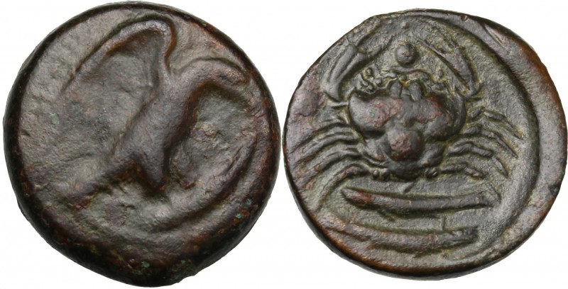Sicily. Akragas. AE Hexas, 425-406 BC. D/ Eagle on fish right. R/ Crab; to left ...