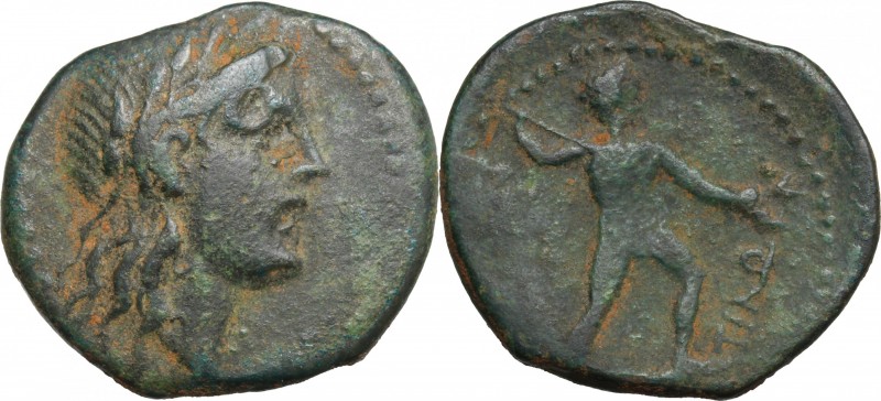 Sicily. Akragas. AE 19 mm, 240-212 BC. D/ Head of Apollo right, laureate. R/ Nud...