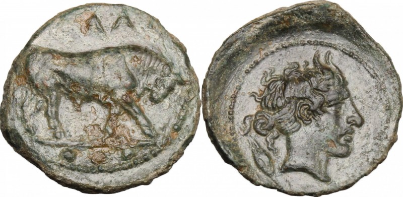 Sicily. Gela. AE Tetras, 420-405 BC. D/ Bull right; in exergue, three pellets. R...