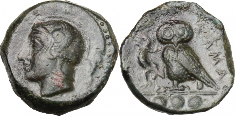 Sicily. Kamarina. AE Tetras, 425-405 BC. D/ Head of Athena left, helmeted. R/ Ow...