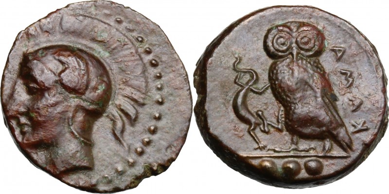 Sicily. Kamarina. AE Tetras, 425-405 Bc. D/ Head of Athena left, helmeted. R/ Ow...