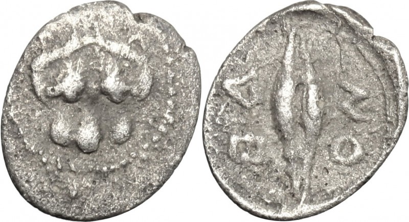 Sicily. Leontini. AR Obol, 460-400 BC. D/ Lion-mask facing. R/ Grain of barley. ...