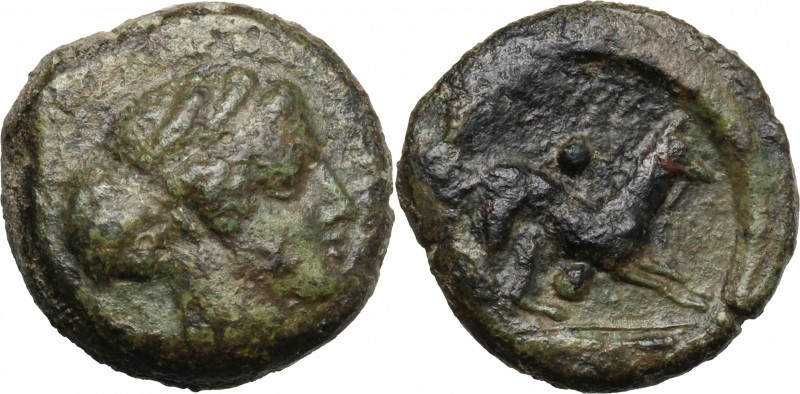 Sicily. Segesta. AE Hexas, 416-415 BC. D/ Head of nymph Segesta right. R/ Hound ...