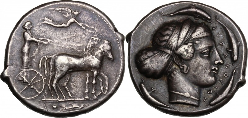 Sicily. Syracuse. Second Democracy (466-405 BC). AR Tetradrachm. D/ Charioteer d...