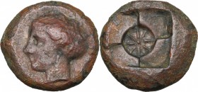 Sicily. Syracuse. End of Second Democracy and Dionysos I. AE Hemilitron. D/ Head of nymph Arethusa left. R/ Incuse square with four fields; in the cen...