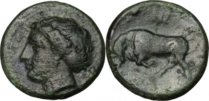 Sicily. Syracuse. Agathokles (317-289 BC). AE 15 mm. D/ Head of Kore left. R/ Bu...