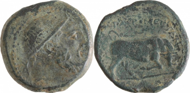 Sicily. Tauromenion. AE 21 mm, 275-216 BC. D/ Head of Herakles right, diademed. ...