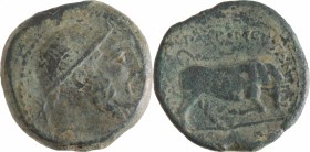 Sicily. Tauromenion. AE 21 mm, 275-216 BC. D/ Head of Herakles right, diademed. R/ Bull butting right. CNS III, 19. AE. g. 8.29 mm. 21.00 Olive-green ...