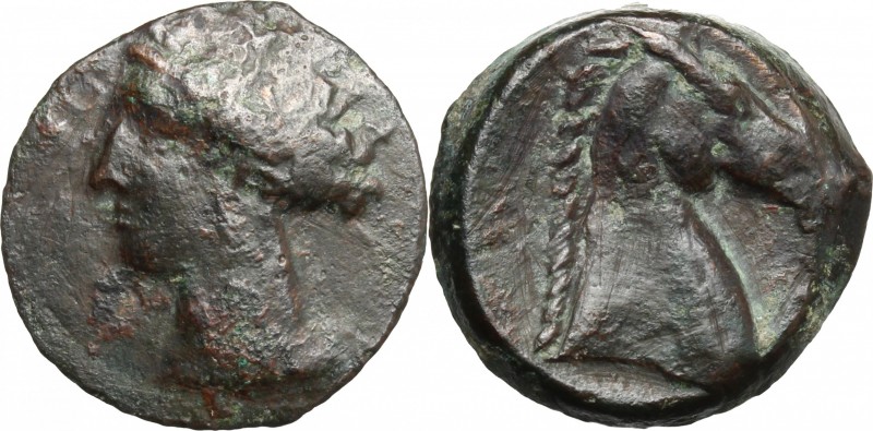 Punic Sardinia. AE 19 mm, 300-264 BC. D/ Head of Tanit left, wearing wreath. R/ ...