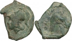 Anonymous. AE Half Unit, Neapolis mint(?), after 276 BC. D/ Head of Minerva left, helmeted. R/ Bridled horse's head right; in left field, ROMANO (upwa...