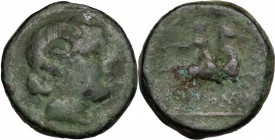 Anomalous Semilibral series. AE Semuncia, c. 217-215 BC. D/ Draped female bust right, wearing turreted crown. R/ Horseman galloping right, holding whi...