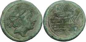 Post-semilibral series. AE Semuncia, c. 215-212 BC. D/ Head of Mercury right, wearing winged petasos. R/ Prow right. Cr. 41/11. AE. g. 4.49 mm. 19.00 ...