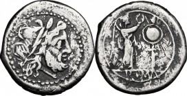 Anonymous. AR Victoriatus, 211 BC. D/ Head of Jupiter right, laureate. R/ Victory standing right and crowning trophy. Cr. 53/1. AR. g. 3.00 mm. 18.00 ...