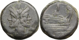 Sextantal series. AE As, after 211 BC. D/ Laureate head of Janus; above, I. R/ Prow right; above, I. Cr. 56/2. AE. g. 45.90 mm. 35.00 About VF/Good F.