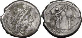 Anonymous. AR Victoriatus,179-170 BC. D/ Head of Jupiter right, laureate. R/ Victory standing right, crowning trophy. Cr. 166/1. AR. g. 2.72 mm. 18.30...
