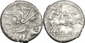 Decimius Flavus. AR Denarius, 150 BC. D/ Head of Roma right, X behind. R/ Diana in biga right, FLAVS below horses, ROMA in exergue. Cr. 207/1. AR. g. ...