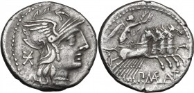 P. Maenius Antiaticus M. f. AR Denarius, 132 BC. D/ Helmeted head of Roma right; behind, X. R/ Victory in quadriga right, holding reins and palm-branc...