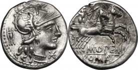M. Opimius. Fourrée Denarius, 131 BC. D/ Helmeted head of Roma right; behind, tripod; before, X. R/ Apollo in quadriga right, holding bow in left hand...