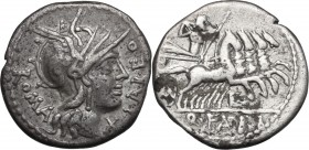 Q. Fabius Labeo. AR Denarius, circa 124 BC. D/ Helmeted head of Roma right; behind, ROMA downwards; before, X and LABEO upwards. R/ Jupiter in quadrig...