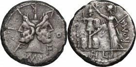M. Furius L.f. Philus. Fourrée Denarius, 119 BC. D/ M. FOVRI. L. F. Laureate head of Janus. R/ Roma standing left erecting trophy; to right, ROMA; in ...