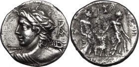 Lucius Caesius. AR Denarius, 112-111 BC. D/ Youthful bust of Vejovis left, seen from behind, holding thunderbolt in upraised right hand; in right fiel...