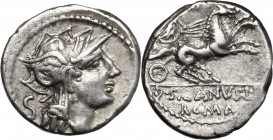 D. Silanus L.f. AR Denarius, 91 BC. D/ Helmeted head of Roma right; behind, S. R/ Victory in biga right; above, numeral; in exergue, D. SILANVS L.F./R...