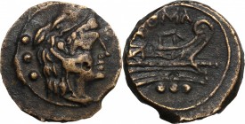 Anonymous series. AE Quadrans, c. 91 BC. D/ Head of Hercules right, wearing lion's skin; behind, three pellets. R/ Prow right; below, three pellets. C...
