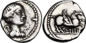 Q. Titius. AR Quinarius, 90 BC. D/ Draped bust of Victory right. R/ Pegasus right; below, Q. TITI. Cr. 341/3. B. 3. AR. g. 2.03 mm. 13.00 VF.