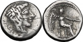 M. Cato. AR Quinarius, 89 BC. D/ Head of Liber right, wearing ivy-wreath. R/ Victory seated right, holding patera and palm branch. Cr. 343/2a. AR. g. ...