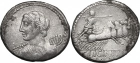 C. Licinius L.f. Macer. AR Denarius, 84 BC. D/ Diademed and draped bust of Vejovis left turned from spectator, hurling thunderbolt. R/ Minerva in quad...