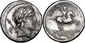 Pub. Crepusius. AR Denarius, 82 BC. D/ Laureate head of Apollo right, sceptre over shoulder; behind, Q; below chin, poppy-head. R/ Horseman galloping ...