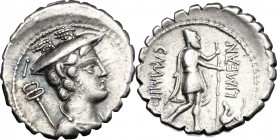C. Mamilius Limetanus. AR Denarius serratus, 82 BC. D/ Bust of Mercury right, draped, wearing winged petasus; over left shoulder, caduceus. R/ Ulysses...