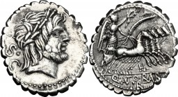 Q. Antonius Balbus. AR Denarius, 83-82 BC. D/ Head of Jupiter right, laureate. R/ Victory in quadriga right, holding reins, palm-branch and wreath. Cr...