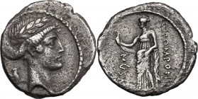 Q. Pomponius Musa. AR Denarius, 66 BC. D/ Laureate head of Apollo right; behind, rolled up scroll tied with cord. R/ Clio standing left, resting left ...