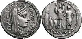 L. Aemilius Lepidus Paullus. AR Denarius, 62 BC. D/ Head of Concordia right, veiled and diademed. R/ Trophy; to right, L. Aemilius Paullus; to left, P...