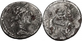 Faustus Cornelius Sulla. Fourrée Denarius, 56 BC. D/ Diademed and draped bust of Diana right; above, crescent and behind, lituus. R/ Sulla seated left...